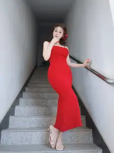 Stunning Coser Baiyin in a Red Dress: Elegant Allure on the Staircase [Fantia]-0